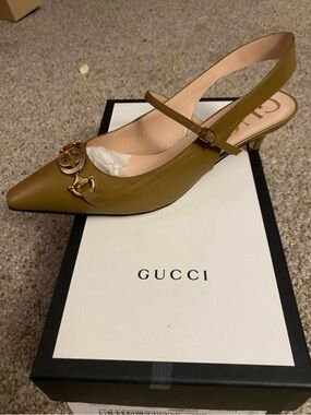 Gucci Olive Green Pointed Toe Slingback Sandal with Gold Horsebit